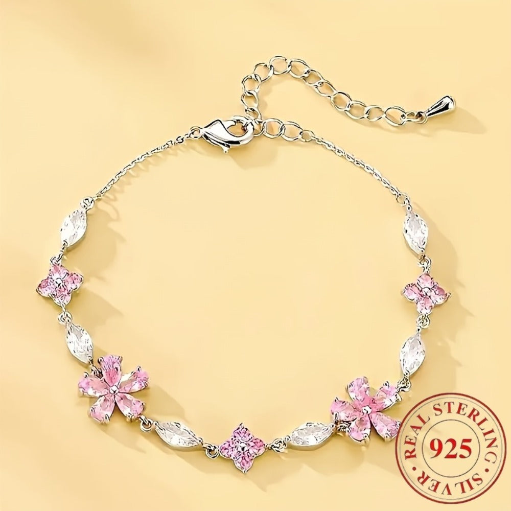 Bracelet for Women - S925 Sterling Silver Cherry Blossom for Pink Zirconia Petal Adjustable - product detail view 5