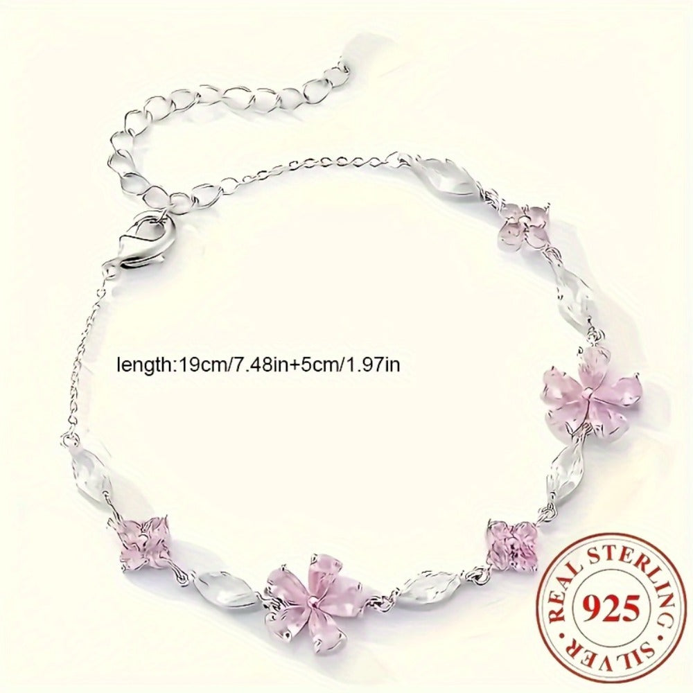Bracelet for Women - S925 Sterling Silver Cherry Blossom for Pink Zirconia Petal Adjustable - product detail view 6