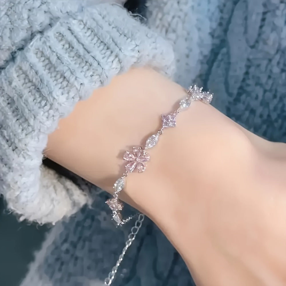 Bracelet for Women - S925 Sterling Silver Cherry Blossom for Pink Zirconia Petal Adjustable - product detail view 7