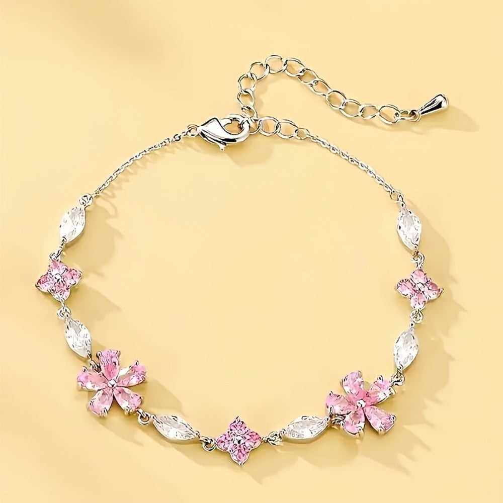 Bracelet for Women - S925 Sterling Silver Cherry Blossom for Pink Zirconia Petal Adjustable - product detail view 8