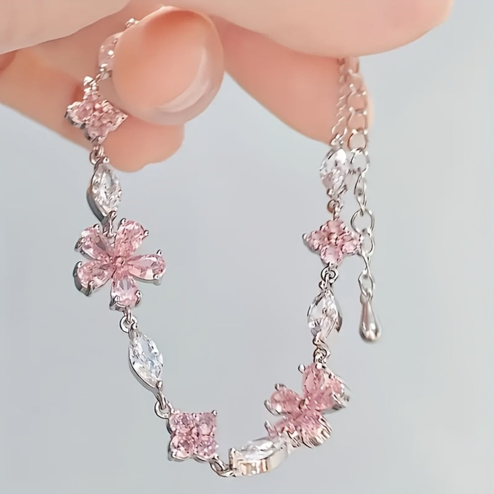 Bracelet for Women - S925 Sterling Silver Cherry Blossom for Pink Zirconia Petal Adjustable - product detail view 9