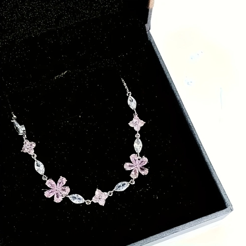 Bracelet for Women - S925 Sterling Silver Cherry Blossom for Pink Zirconia Petal Adjustable - product detail view 10