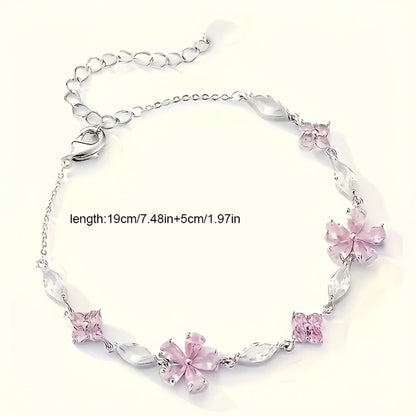 Bracelet for Women - S925 Sterling Silver Cherry Blossom for Pink Zirconia Petal Adjustable - product detail view 12
