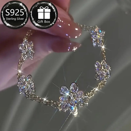 Bracelet for Women - S925 Sterling Silver Flower for Cubic Zirconia Floral Bangle, Lightweight - main product view