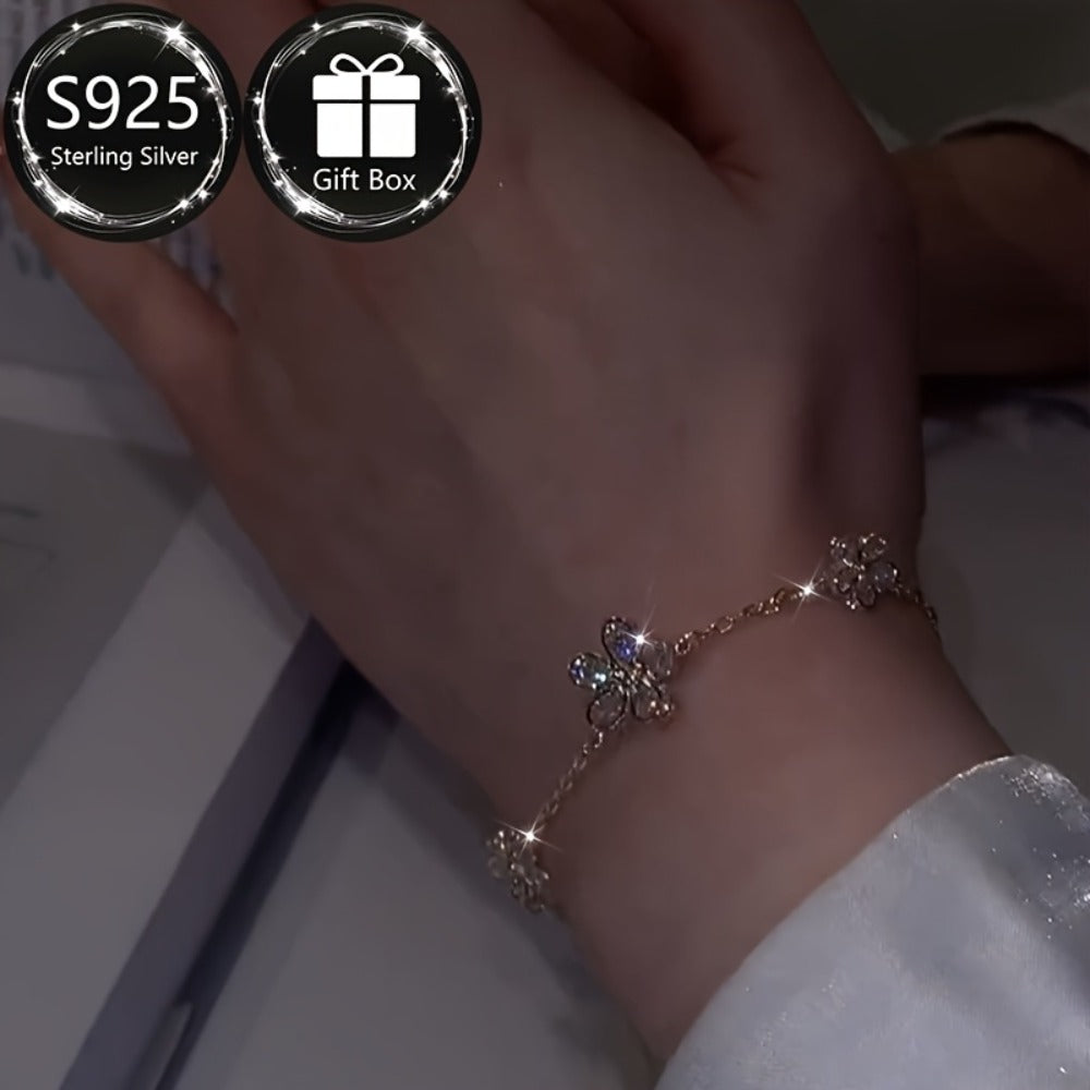 Bracelet for Women - S925 Sterling Silver Flower for Cubic Zirconia Floral Bangle, Lightweight - product detail view 3