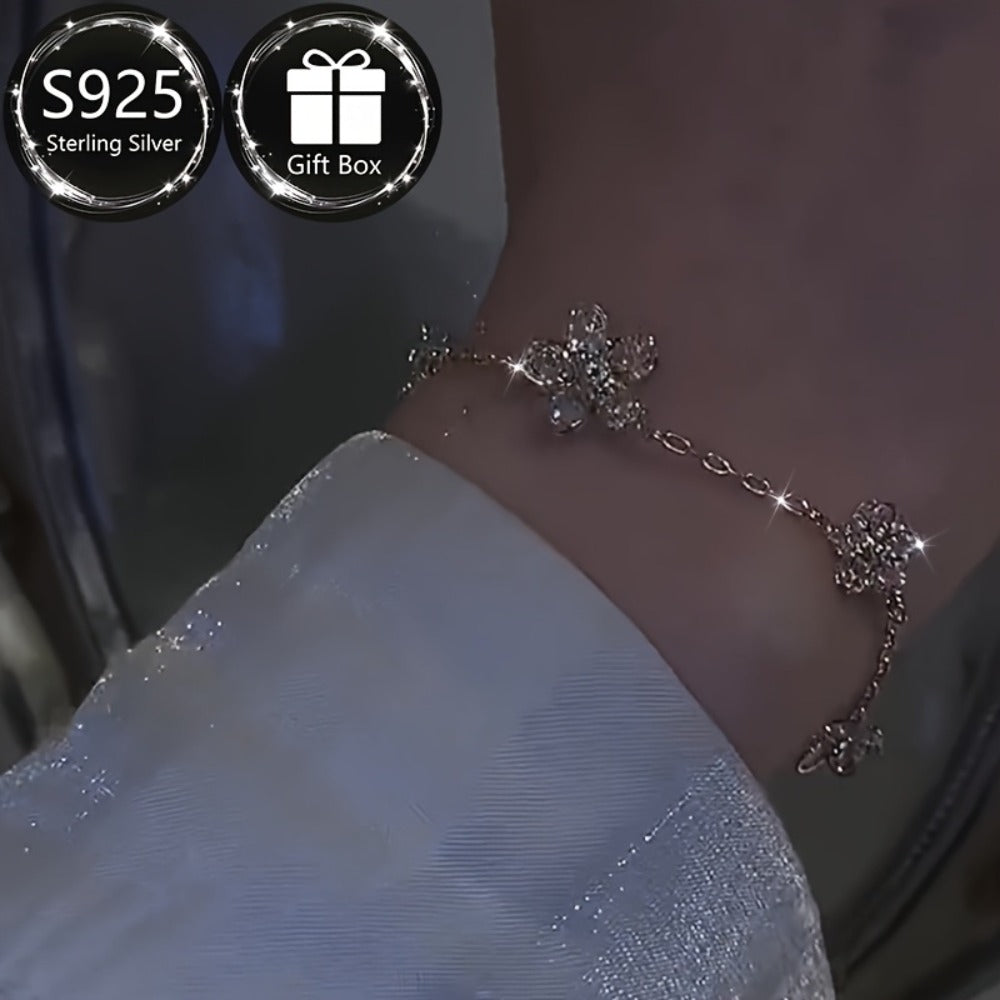 Bracelet for Women - S925 Sterling Silver Flower for Cubic Zirconia Floral Bangle, Lightweight - product detail view 5