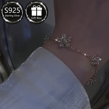 Bracelet for Women - S925 Sterling Silver Flower for Cubic Zirconia Floral Bangle, Lightweight - product detail view 5
