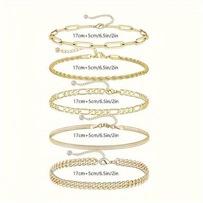 Bracelet Set for Women - Gold-Tone Chain Set, 5 Stackable Styles - size chart 17cm+5cm/6.5in/2in