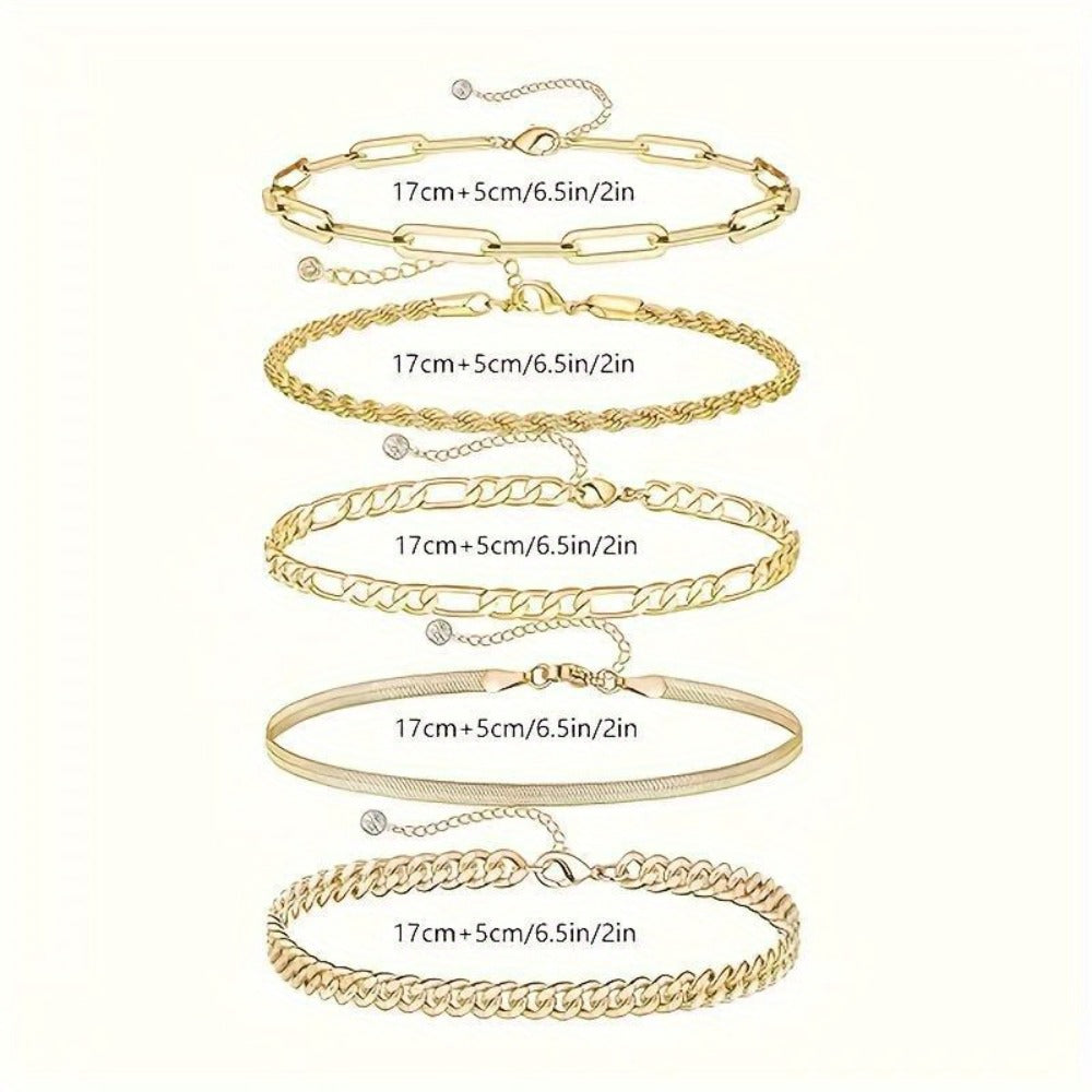 Bracelet Set for Women - Gold-Tone Chain Set, 5 Stackable Styles - size chart 17cm+5cm/6.5in/2in
