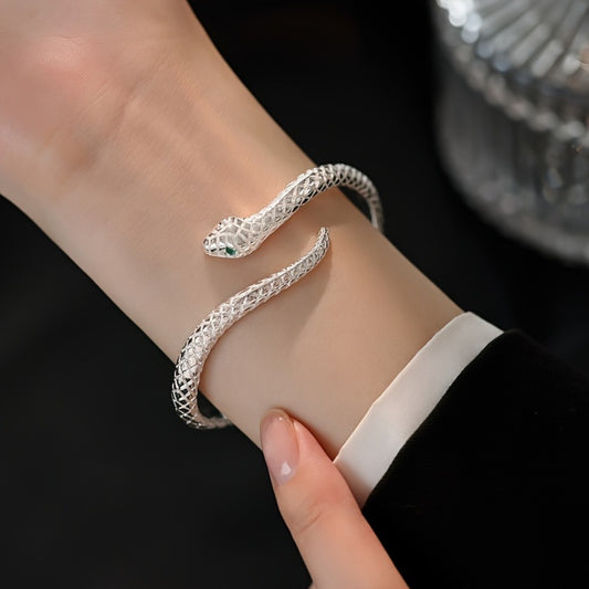 Bracelet for Men - Snake 925 Sterling Silver Adjustable Hypoallergenic Green Zirconia Eyes - main product view