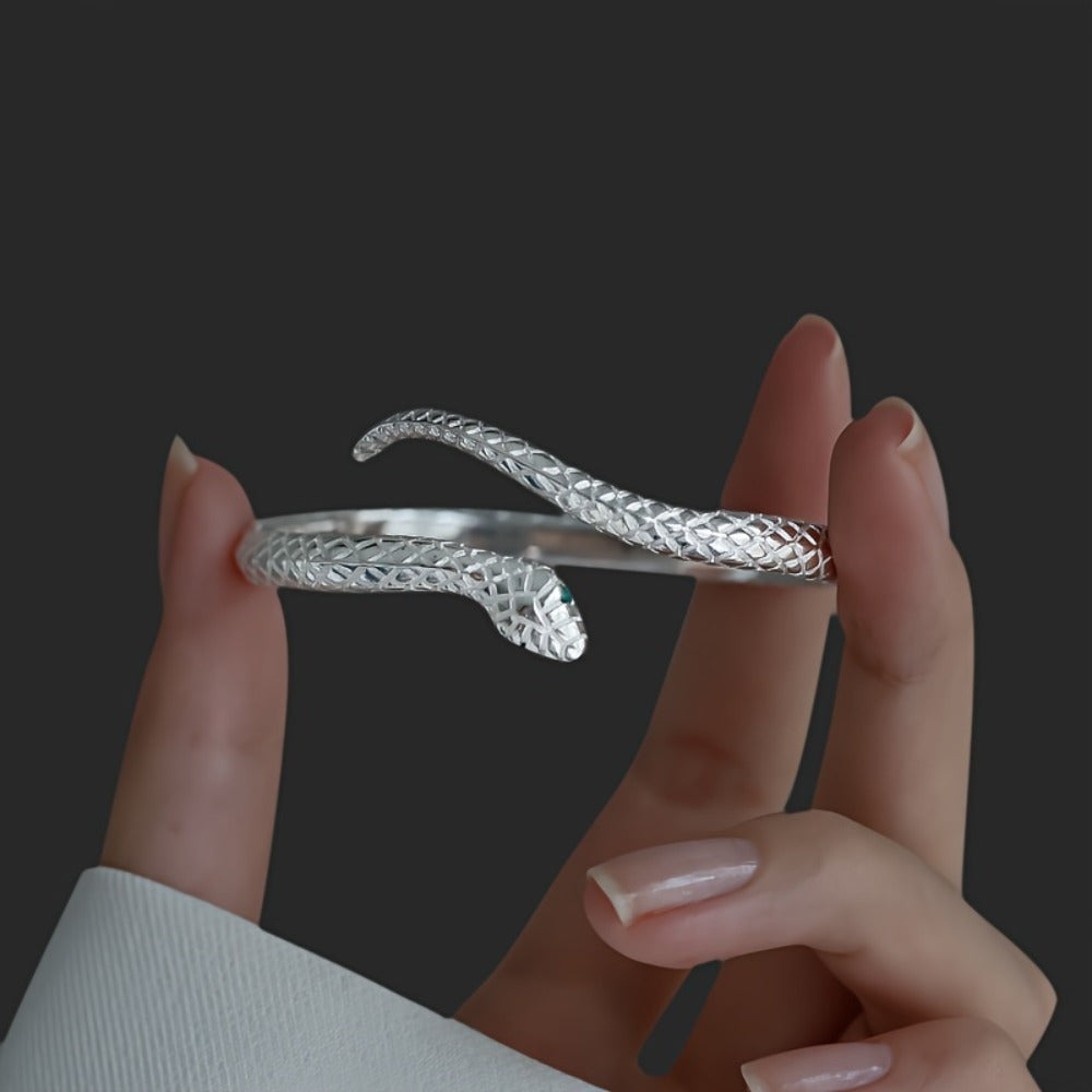 Bracelet for Men - Snake 925 Sterling Silver Adjustable Hypoallergenic Green Zirconia Eyes - product detail view 8