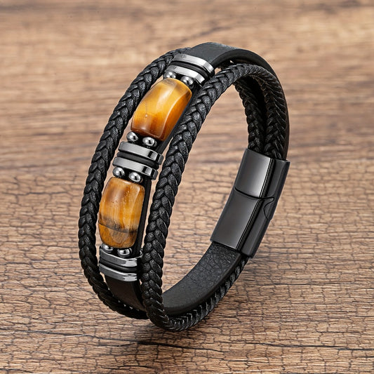 Bracelet for Men - Tiger Eye Stone 's Natural Stone Protection Multilayer Braided Wristband - main product view