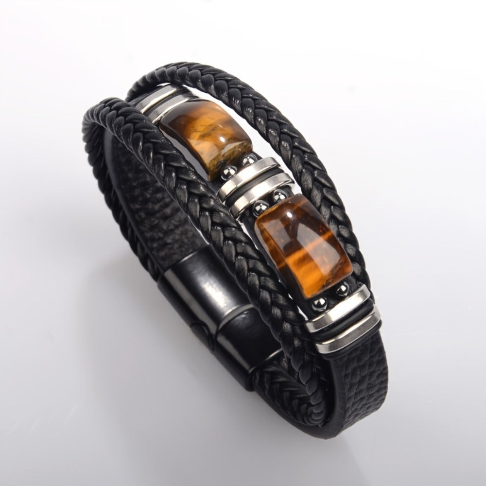 Bracelet for Men - Tiger Eye Stone 's Natural Stone Protection Multilayer Braided Wristband - product detail view 3