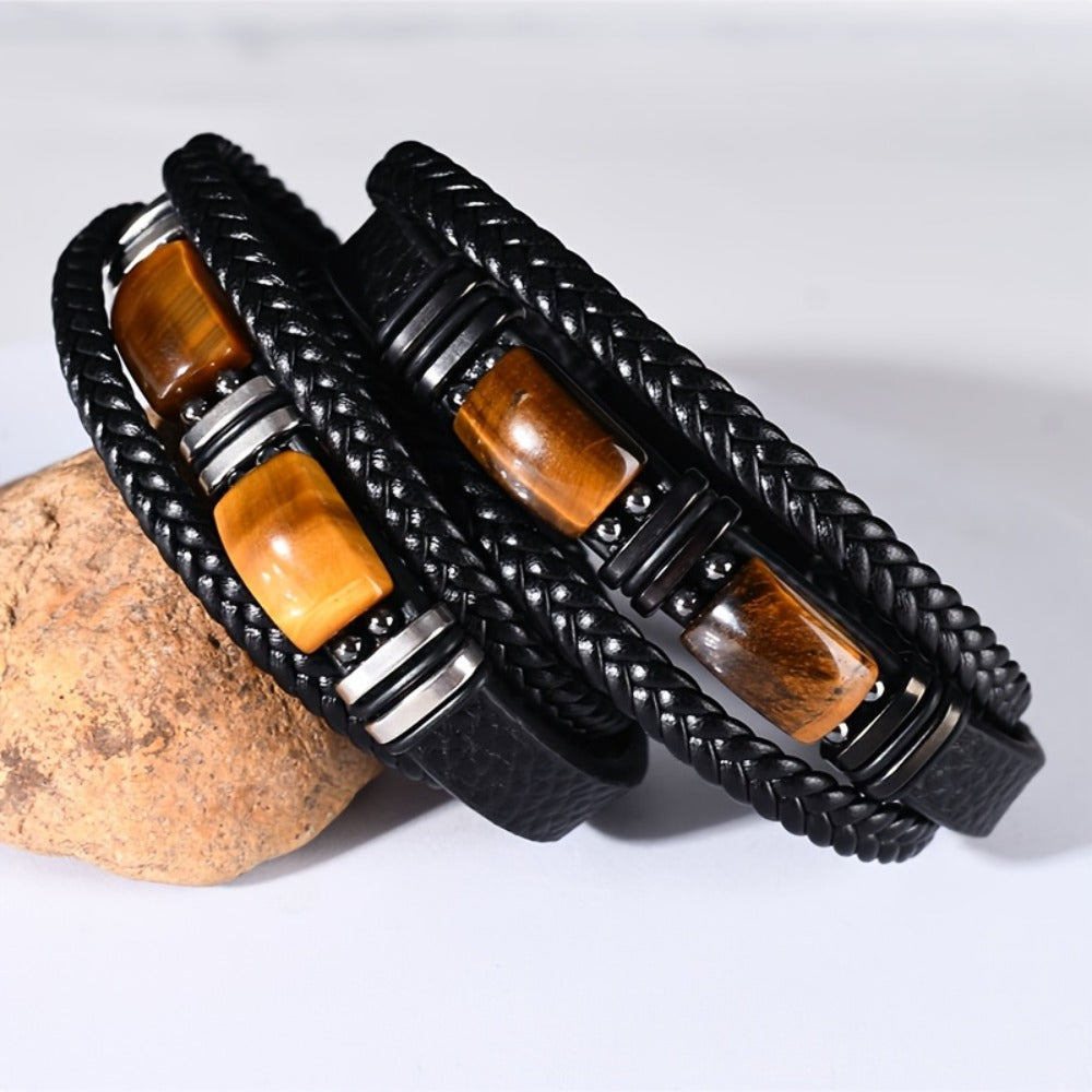 Bracelet for Men - Tiger Eye Stone 's Natural Stone Protection Multilayer Braided Wristband - product detail view 5
