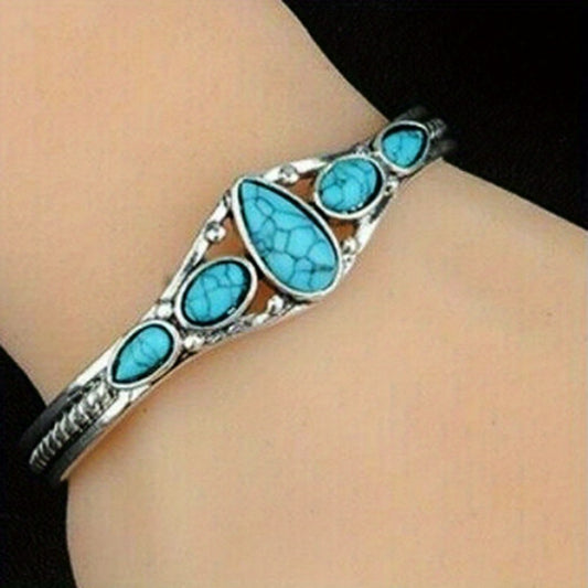 Bracelet for Women - Turquoise Set 2pcs Boho Retro Carved Hollow Geometric Silver Adjustable - main product view