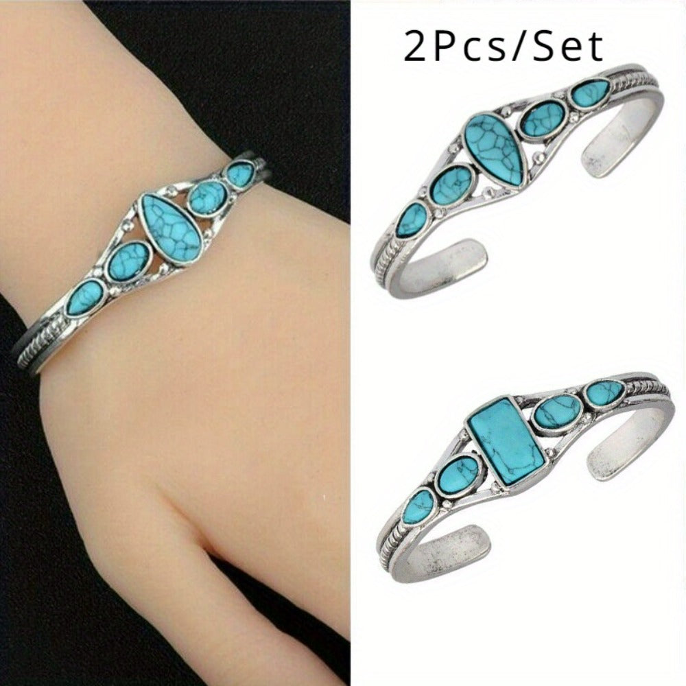 Bracelet for Women - Turquoise Set 2pcs Boho Retro Carved Hollow Geometric Silver Adjustable - product detail view 2
