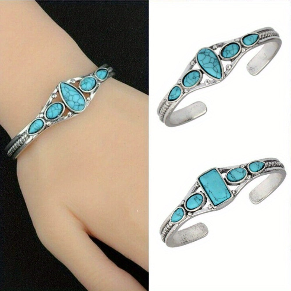 Bracelet for Women - Turquoise Set 2pcs Boho Retro Carved Hollow Geometric Silver Adjustable - product detail view 3