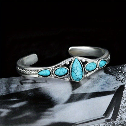 Bracelet for Women - Turquoise Set 2pcs Boho Retro Carved Hollow Geometric Silver Adjustable - product detail view 4