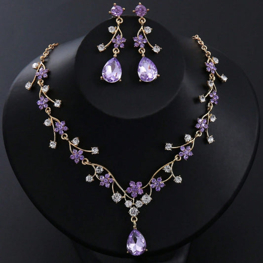 Bridal Jewelry Set - for Women 3pcs Vintage Plum Blossom Rhinestone Earrings & Necklace - main product view