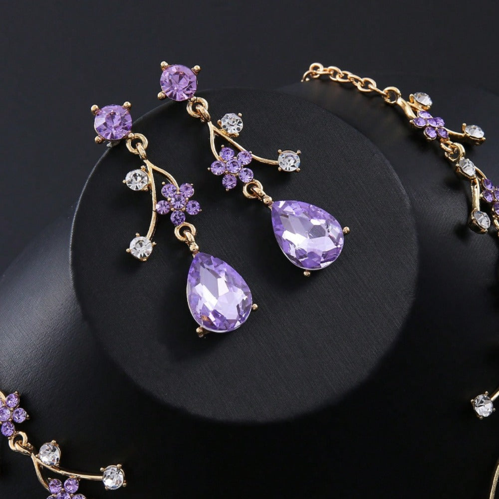 Bridal Jewelry Set - for Women 3pcs Vintage Plum Blossom Rhinestone Earrings & Necklace - product detail view 3