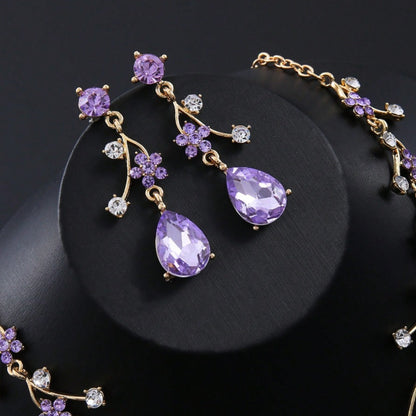 Bridal Jewelry Set - for Women 3pcs Vintage Plum Blossom Rhinestone Earrings & Necklace - product detail view 3