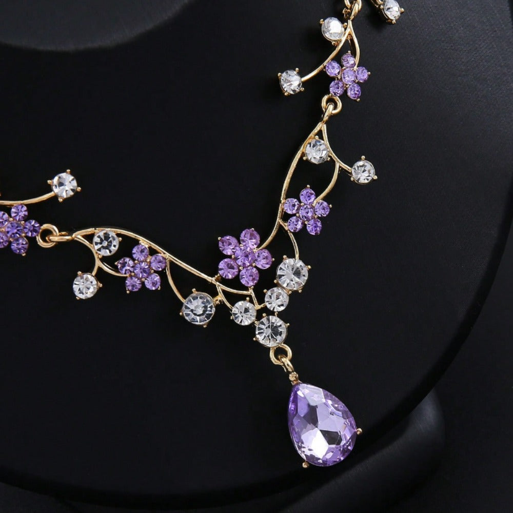 Bridal Jewelry Set - for Women 3pcs Vintage Plum Blossom Rhinestone Earrings & Necklace - product detail view 7