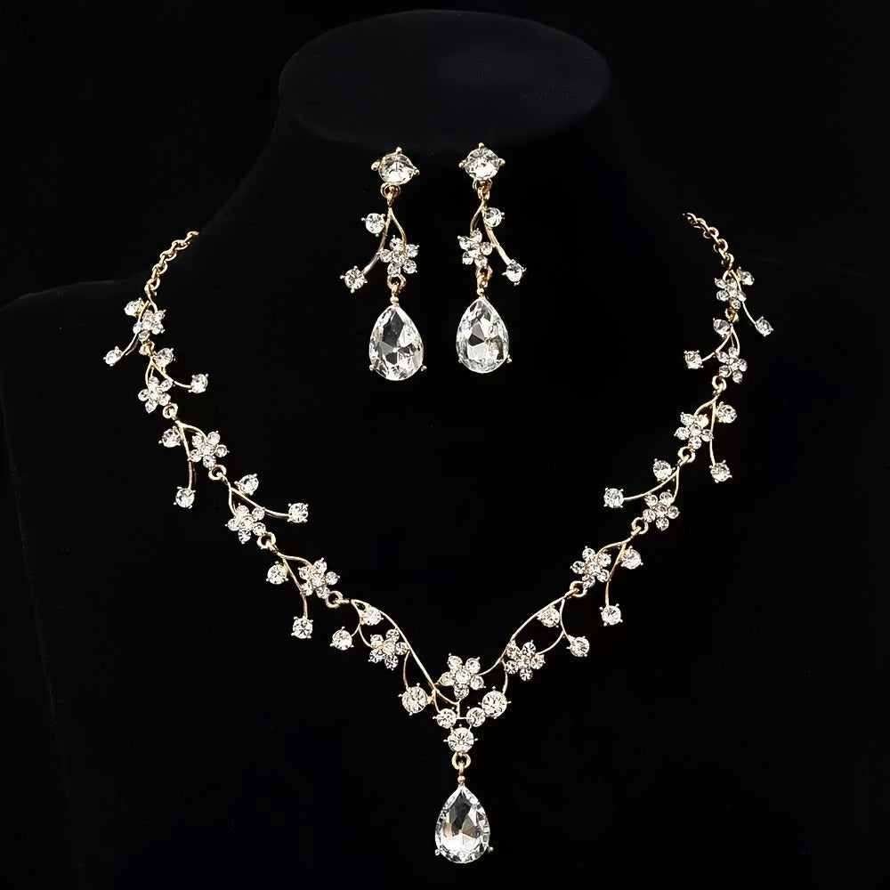 Bridal Jewelry Set - for Women 3pcs Vintage Plum Blossom Rhinestone Earrings & Necklace - product detail view 8