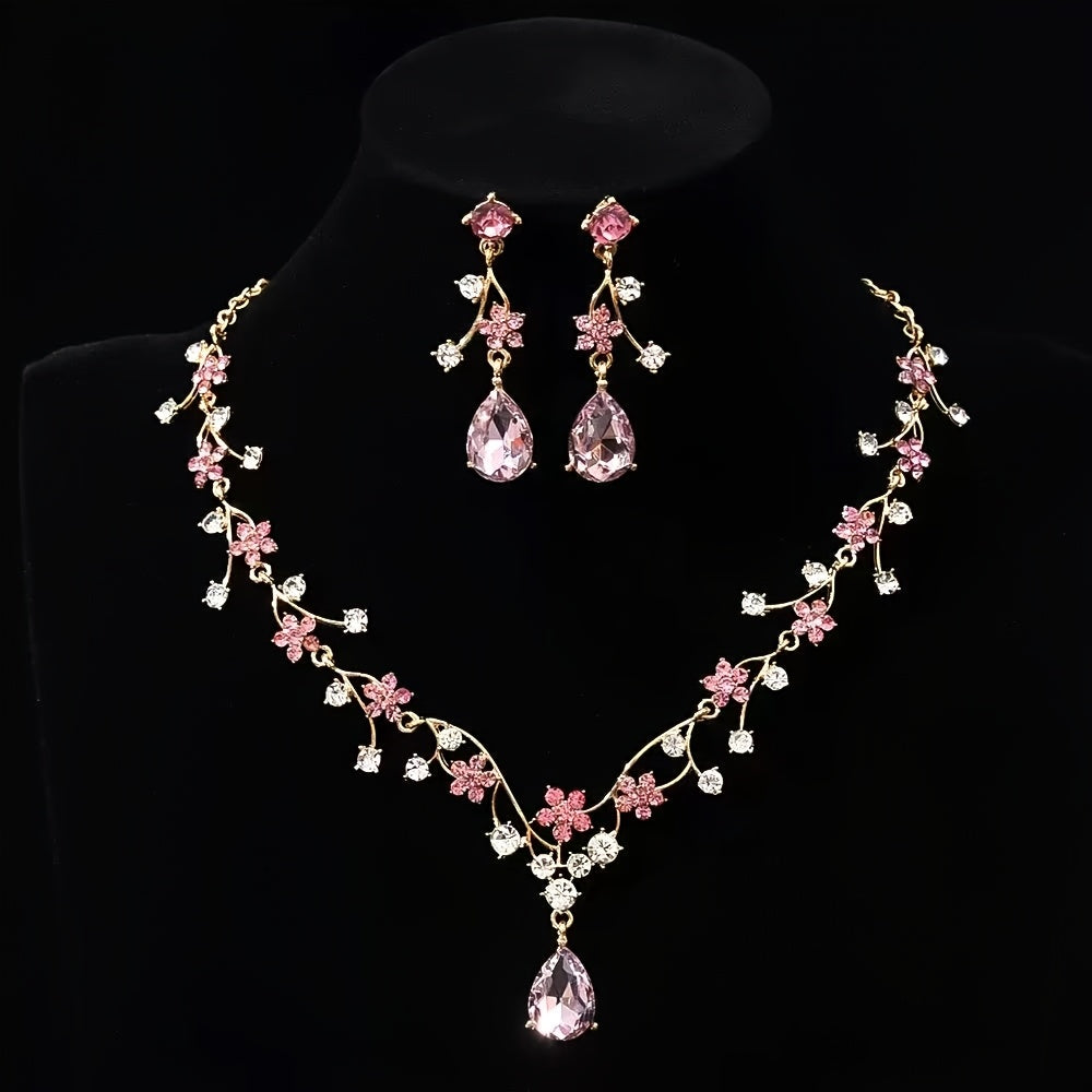 Bridal Jewelry Set - for Women 3pcs Vintage Plum Blossom Rhinestone Earrings & Necklace - product detail view 11