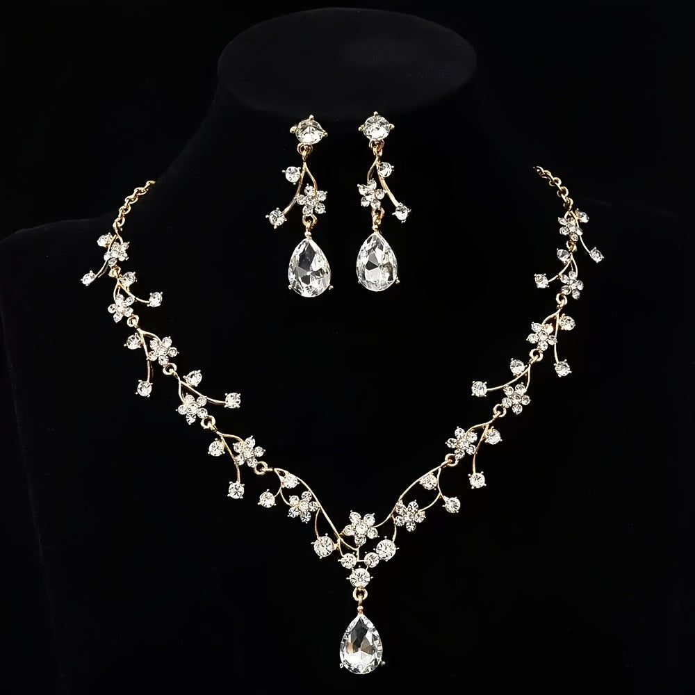 Bridal Jewelry Set - for Women 3pcs Vintage Plum Blossom Rhinestone Earrings & Necklace - product detail view 13