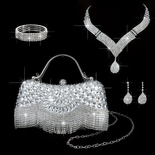 Bridal Jewelry Set - 4pcs for Women Necklace Earrings Bracelet Ring, Sparkling Crystal Formal - main product view