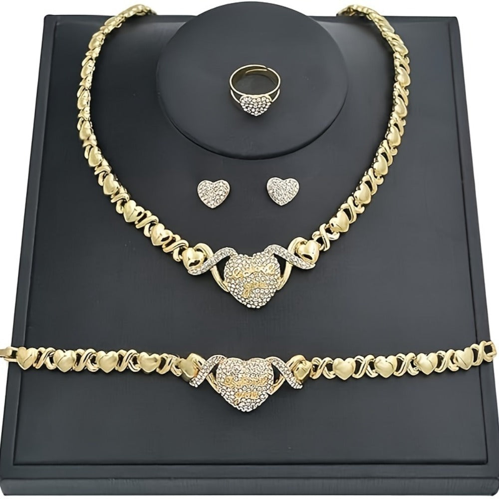 Bridal Jewelry Set - 5pcs Dubai & European Style Luxury Heart Necklace, Ring, Bracelet & - product detail view 6