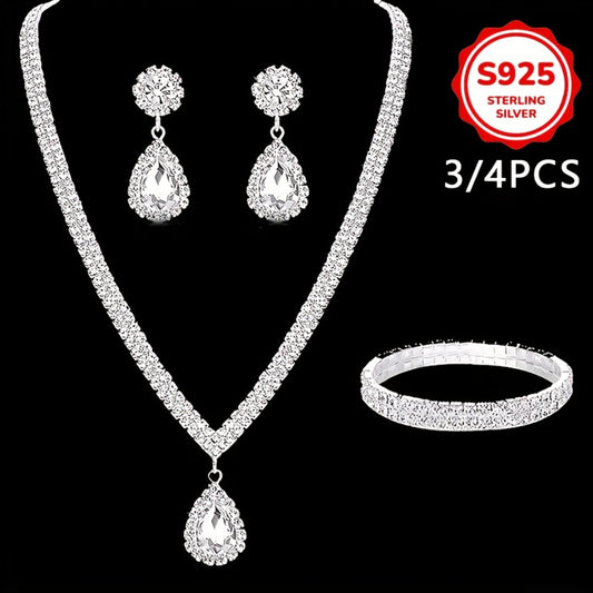 Bridal Jewelry Set for Women - 925 Silver Wedding, Necklace Earrings Bracelet - 925 silver detail