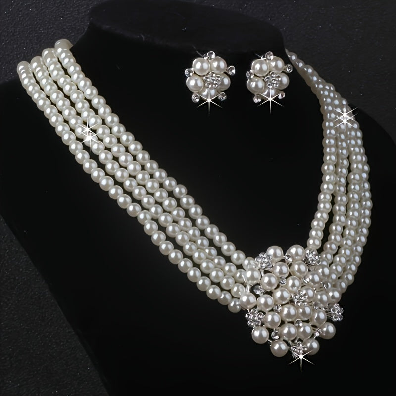 Bridal Jewelry Set - Beaded Necklace & Earrings - Silver Plated Luxury Wedding Accessories for - product detail view 2