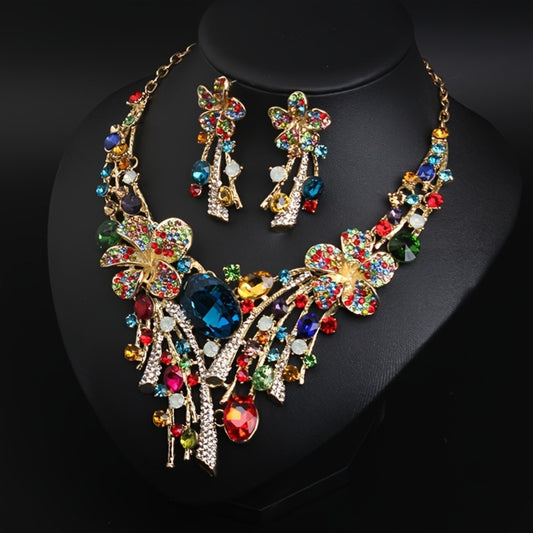 Bridal Jewelry Set - Bohemian Flower Necklace and Earrings 3-Piece Colorful Glass Mosaic Floral - main product view