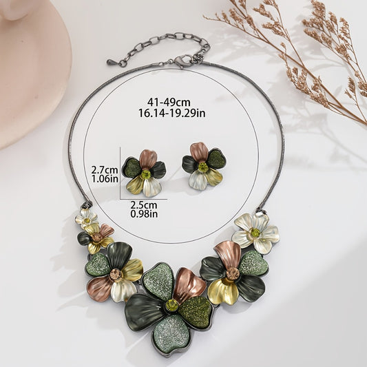 Bridal Jewelry Set - Boho Bib Necklace & Earring - Chunky Green Floral Leaf Vintage Statement - main product view