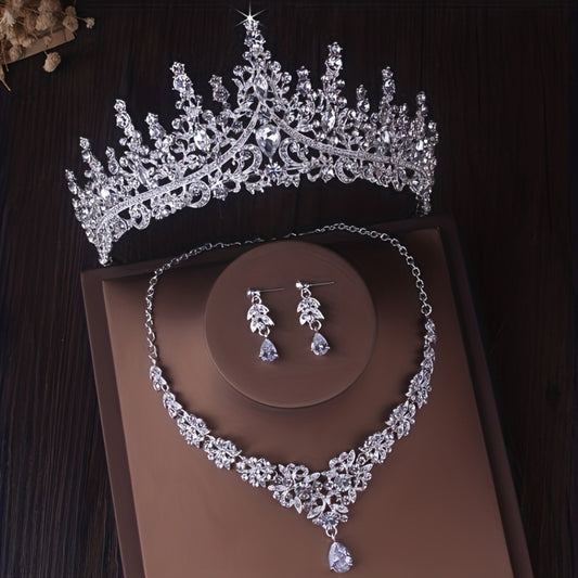 Bridal Jewelry Set - Crown Necklace Earring 3pcs - Luxury Wedding for Bride, Crystal Tiara - main product view