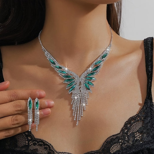Bridal Jewelry Set - Crystal Rhinestone Green Gemstone Tassel 3pcs Necklace & Earrings for - main product view