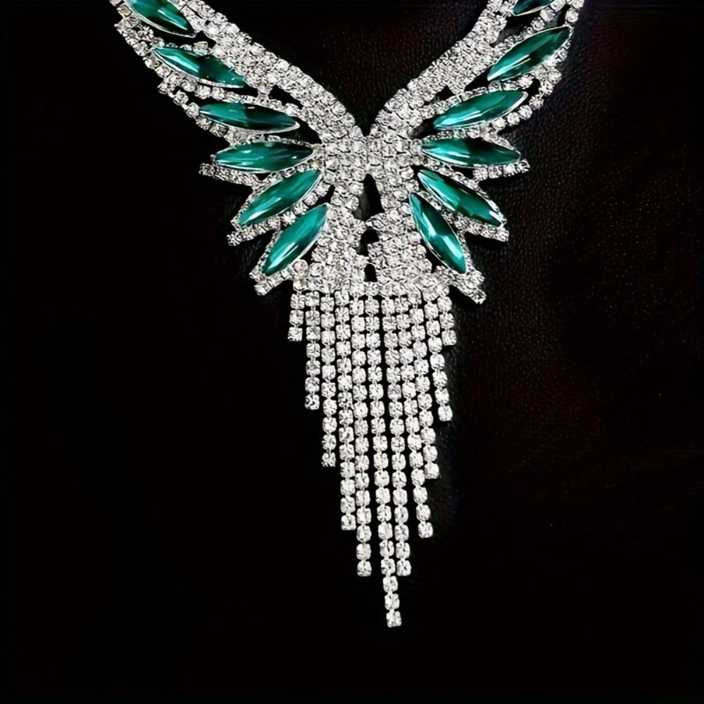Bridal Jewelry Set - Crystal Rhinestone Green Gemstone Tassel 3pcs Necklace & Earrings for - product detail view 4