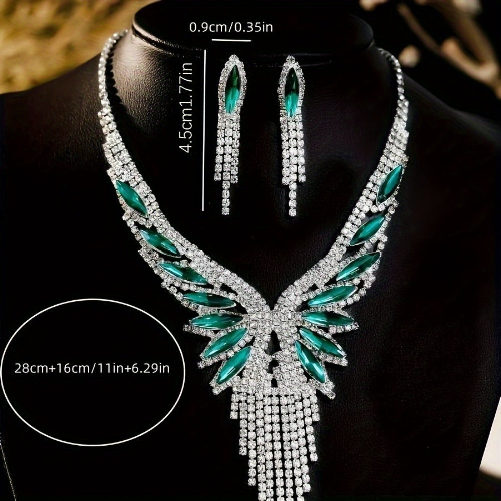 Bridal Jewelry Set - Crystal Rhinestone Green Gemstone Tassel 3pcs Necklace & Earrings for - product detail view 5