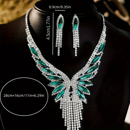 Bridal Jewelry Set - Crystal Rhinestone Green Gemstone Tassel 3pcs Necklace & Earrings for - product detail view 5