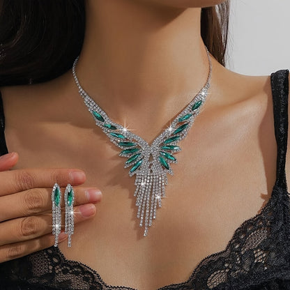Bridal Jewelry Set - Crystal Rhinestone Green Gemstone Tassel 3pcs Necklace & Earrings for - product detail view 7