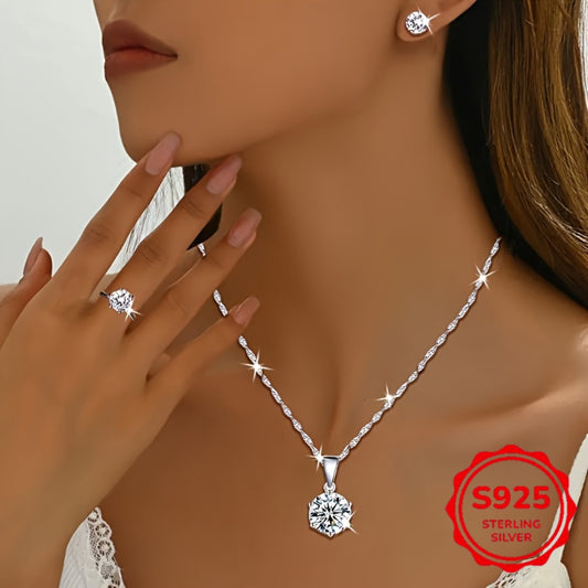 Bridal Jewelry Set - Moissanite for Women 925 Sterling Silver - Earrings Ring Necklace 3 Piece - main product view
