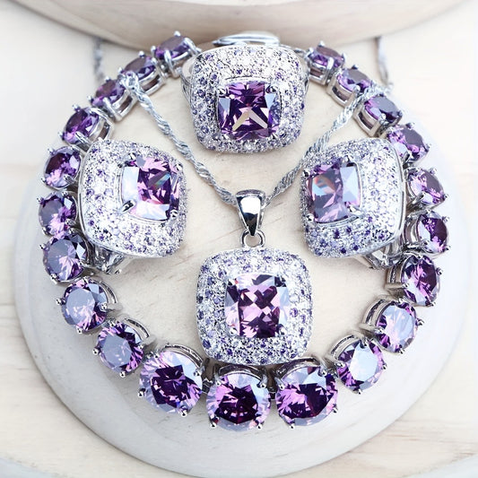 Bridal Jewelry Set - Purple Cubic Zirconia for Women 5pcs Geometric Necklace, Bracelet, Ring & - main product view