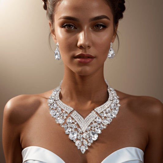 Bridal Jewelry Set - Rhinestone Necklace and Earring for Women Crystal in White, Blue & Gold - main product view