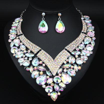 Bridal Jewelry Set - Rhinestone Necklace and Earring for Women Crystal in White, Blue & Gold - product detail view 7