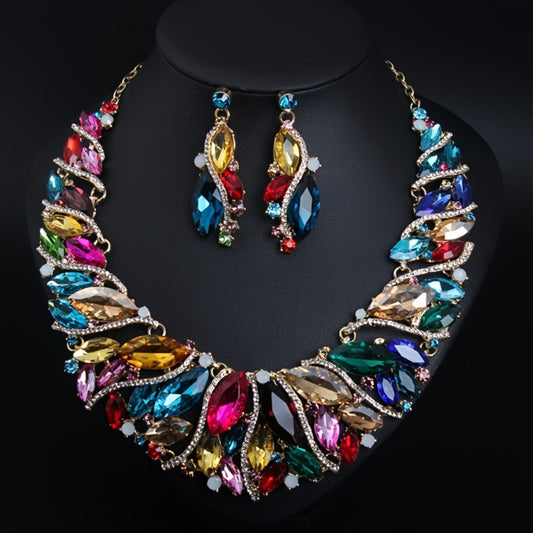Bridal Jewelry Set - Rhinestone Necklace and Earrings Vintage Retro Wedding Luxury Sparkling - main product view