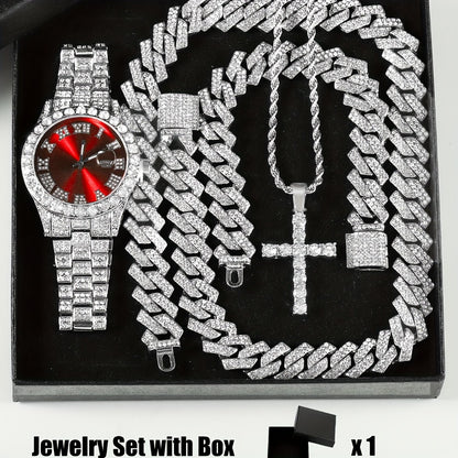 Bridal Jewelry Set - Rhinestone Watch & Cross Pendant 4-Piece for Men & Women 5A Crystal Quartz - main product view