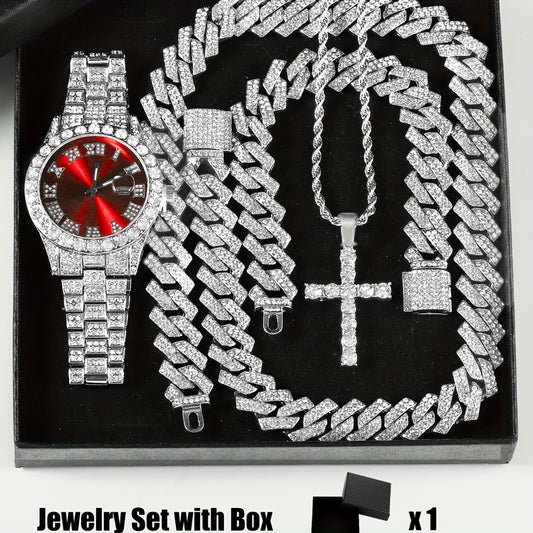 Bridal Jewelry Set - Rhinestone Watch & Cross Pendant 4-Piece for Men & Women 5A Crystal Quartz - main product view