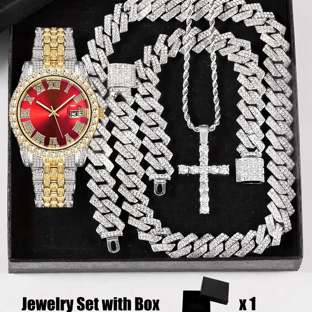 Bridal Jewelry Set - Rhinestone Watch & Cross Pendant 4-Piece for Men & Women 5A Crystal Quartz - product detail view 5