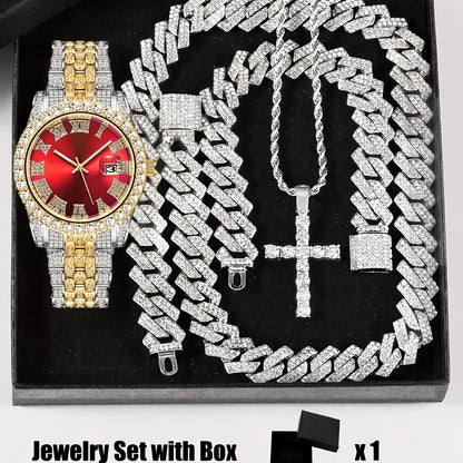 Bridal Jewelry Set - Rhinestone Watch & Cross Pendant 4-Piece for Men & Women 5A Crystal Quartz - product detail view 5